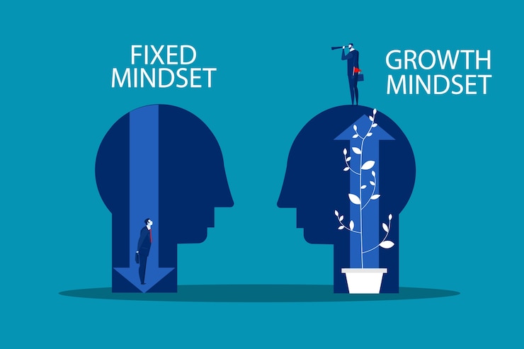  Big head human think growth mindset different fixed mindset Premium Vector