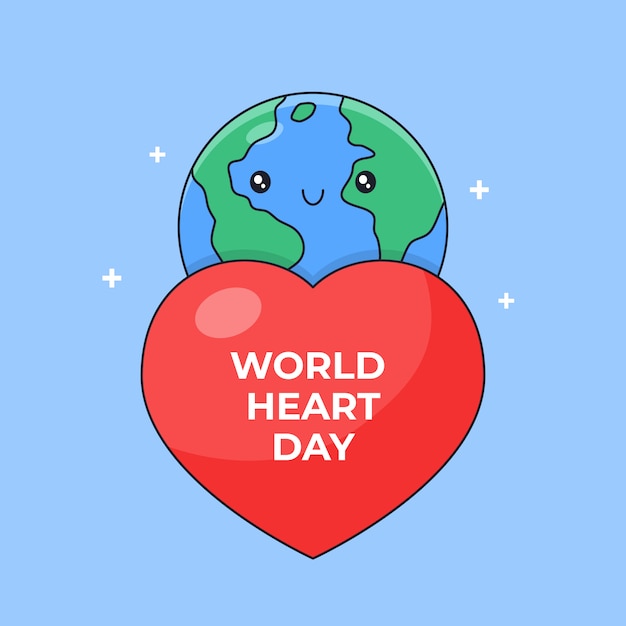 Premium Vector Big Heart Symbol And Little Cute Cartoon Earth For World Heart Day Outline Style