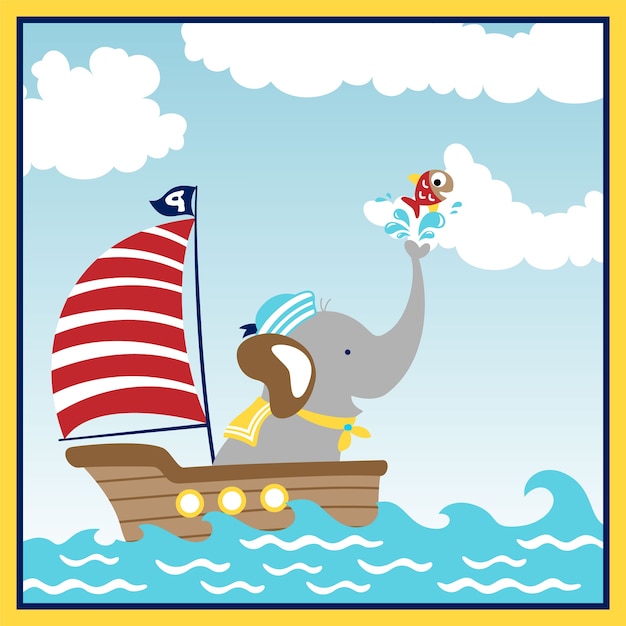 ヨットの上の大きな船乗りの漫画 プレミアムベクター