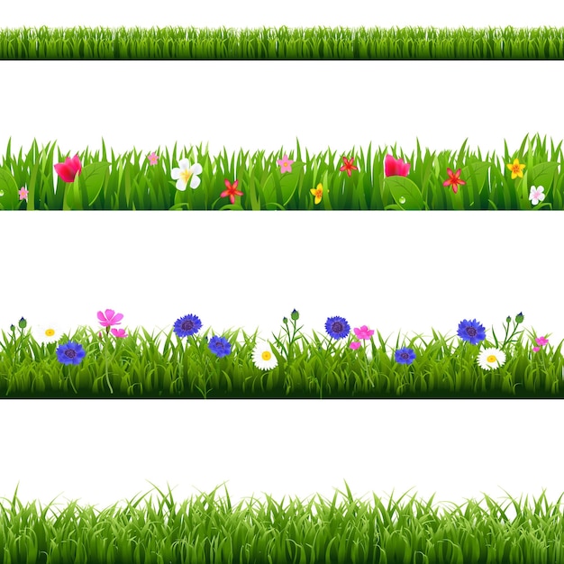 Premium Vector | Big set green grass and spring flowers borders