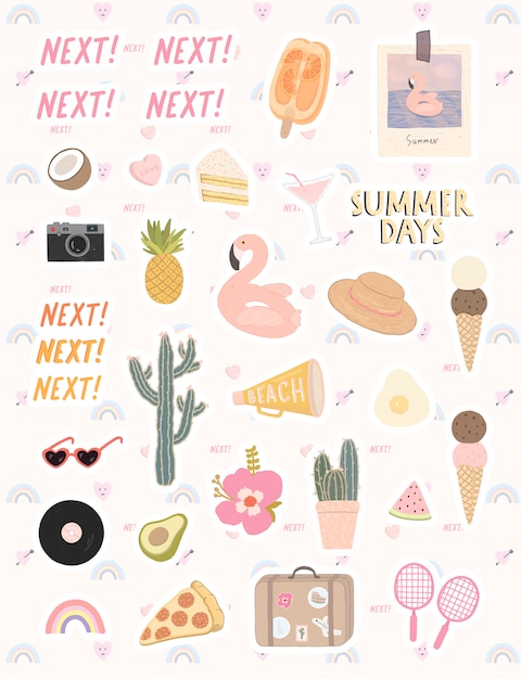 Big set of stylish elements on a summer time theme. hand drawn elements for summer holiday and party. Premium Vector