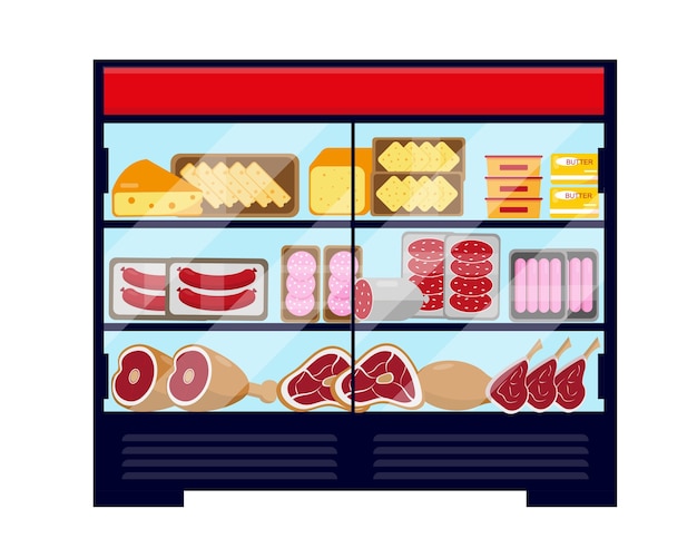 肉料理とチーズがたっぷり入った大きなショーケース冷蔵庫 白い背景で隔離のベクトルイラスト プレミアムベクター