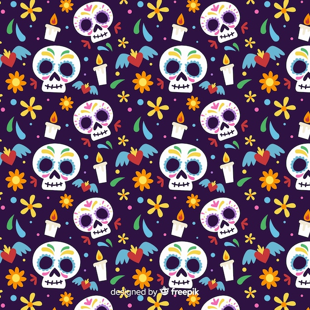 Big skulls flat día de muertos pattern Free Vector