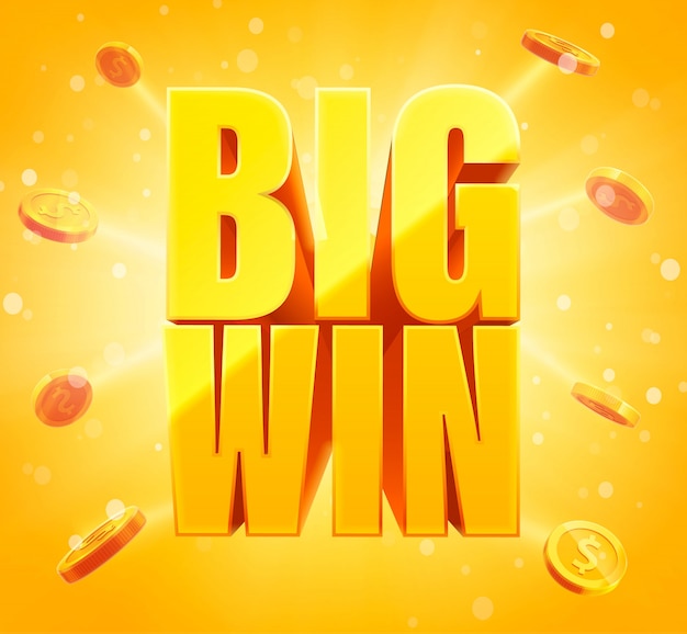 Big win sign with gold realistic 3d coins glowing background. Vector