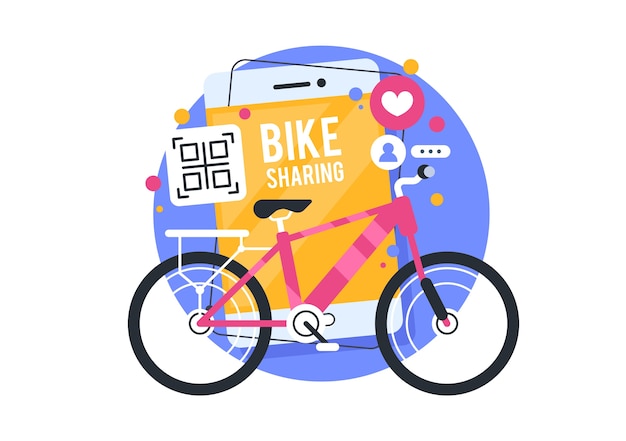 自転車シェアリングイラスト 自転車レンタルアプリ 最新のオンラインアプリケーション コンセプトビジネスイラスト プレミアムベクター