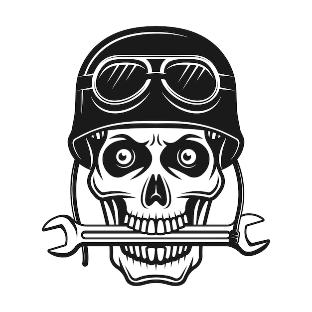 Premium Vector | Biker skull in helmet with goggles and wrench in mouth ...