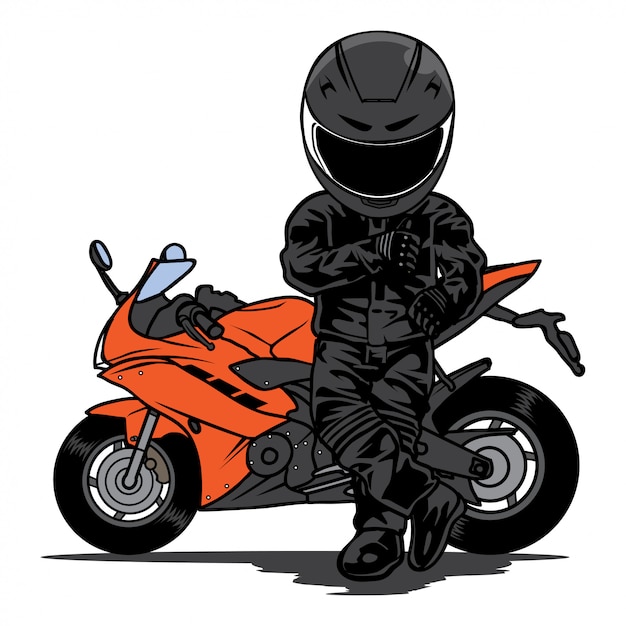 Biker stand in front of sport motorcycle cartoon vector | Premium Vector