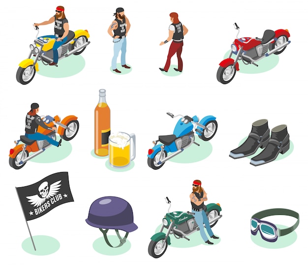 バイク ビール ファッションアイテムのキャラクターと画像のバイカーコレクション 無料のベクター