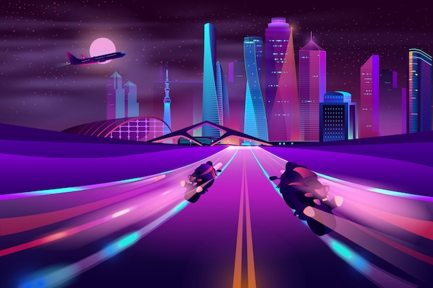 Bikers racing on metropolis highway vector Free Vector