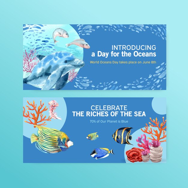 海洋動物の水彩ベクトルと世界海洋デーのコンセプトの看板テンプレートデザイン 無料のベクター