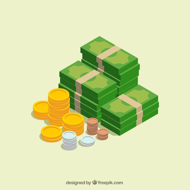 Bills and coins in isometric design Free Vector