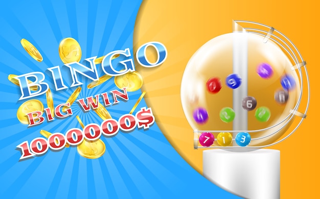 Bingo game banner with realistic golden coins, with lottery machine and colorful balls Premium Vecto