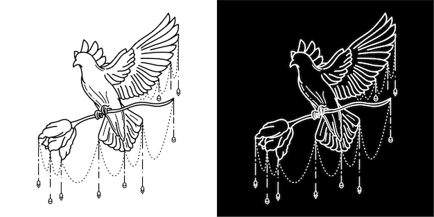 鳥と花のタトゥーのデザイン プレミアムベクター