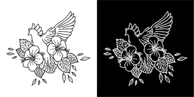 鳥と花のタトゥーのデザイン プレミアムベクター