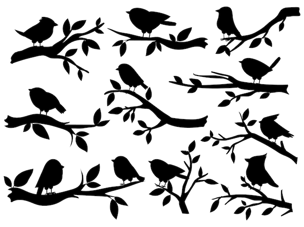鳥や小枝のシルエット かわいい鳥と枝 ロマンチックな春のイメージ 木の上の黒いスズメ 庭の装飾のレトロなアート ベクトルセット イラストシルエット 小枝の木と枝の鳥 プレミアムベクター