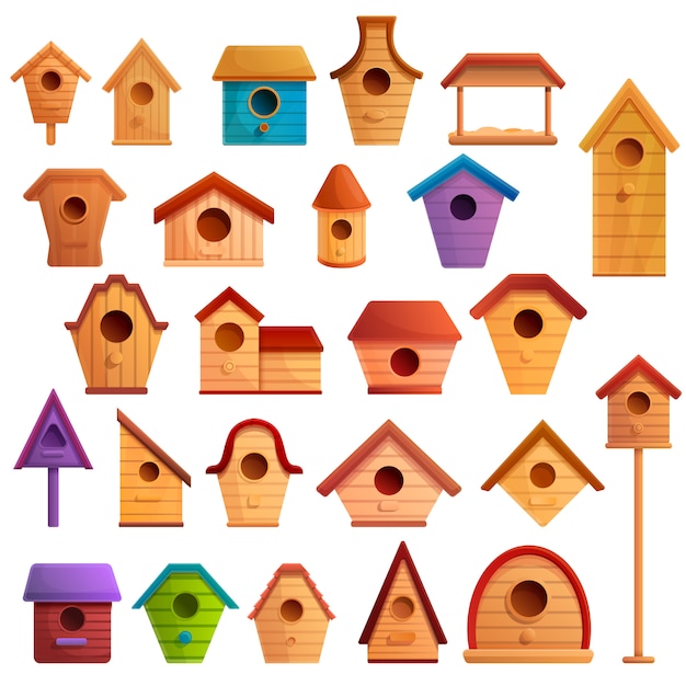 Premium Vector | Bird house icons set, cartoon style