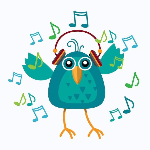 Premium Vector Bird listen music wear headphones dancing notes