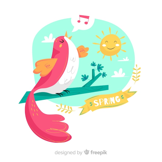 Bird singing spring background Free Vector
