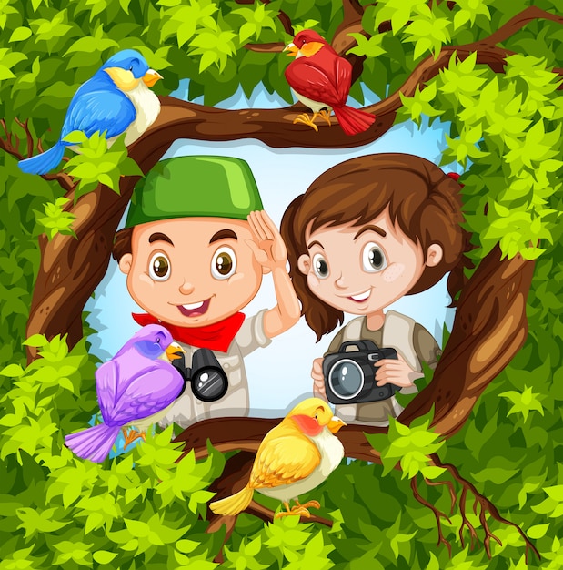Bird watching with boy and girl Free Vector