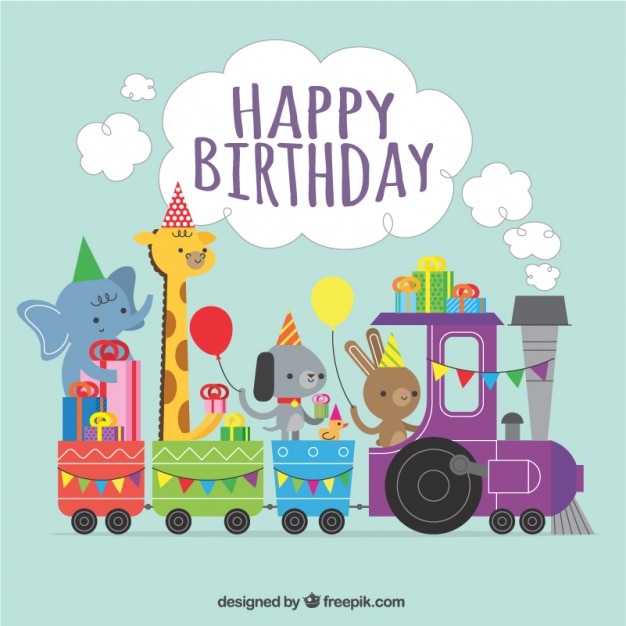 Download Birthday background of train with lovely animals | Free Vector