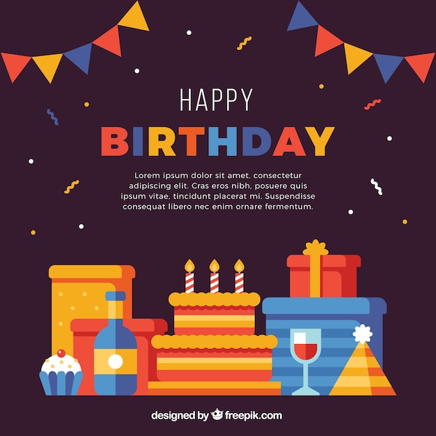 Premium Vector | Birthday background with gifts and cake in flat design