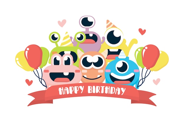Download Birthday banner with cute monster | Premium Vector