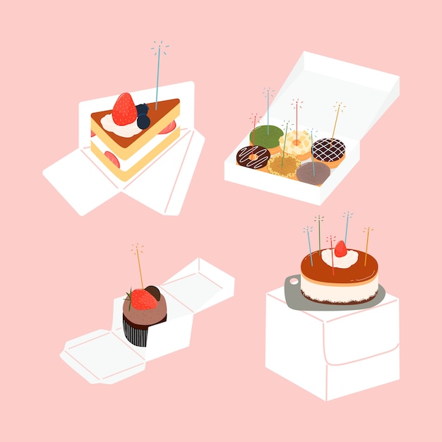 バースデーケーキ ケーキスライス ドーナツ パッケージボックス要素のイラストとカップケーキ プレミアムベクター