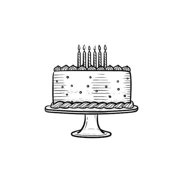 バースデーケーキ手描きのアウトライン落書きアイコン 印刷 ウェブ モバイル 白い背景で隔離のインフォグラフィックのキャンドルで飾られた誕生日ケーキ のベクトルスケッチイラスト プレミアムベクター