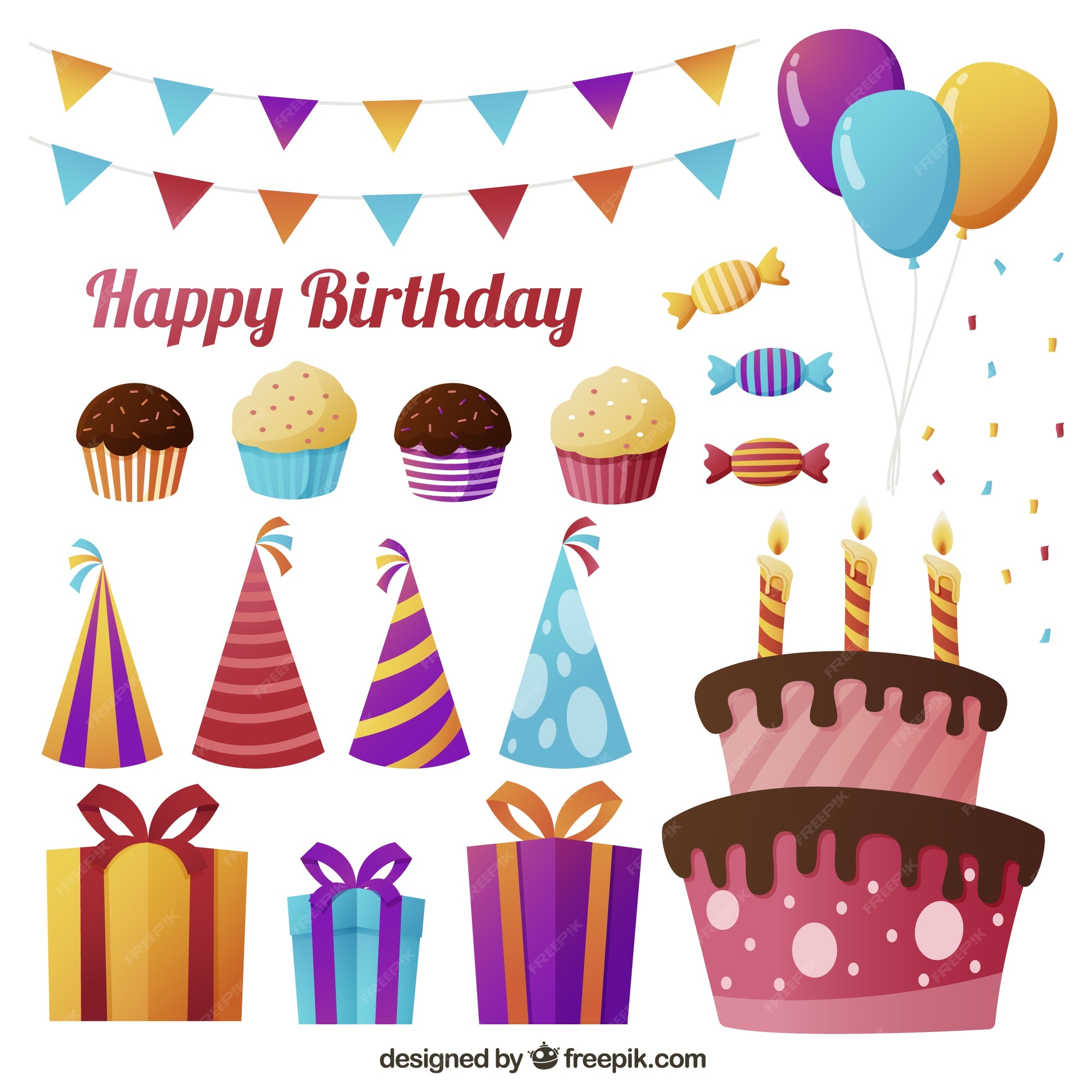 Free Vector | Birthday cake set with elements