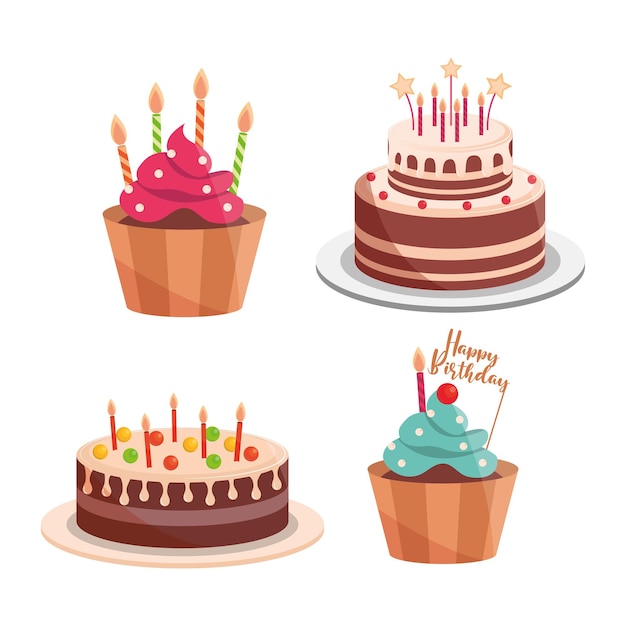 誕生日ケーキやカップケーキキャンドルレタリングお祝いや装飾イラスト プレミアムベクター