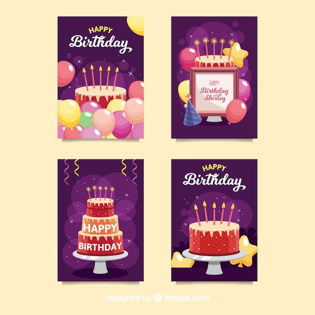 Birthday card collection of four | Free Vector