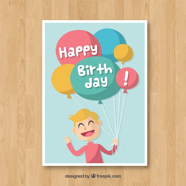 Download Birthday card with boy and balloons in flat style | Free ...