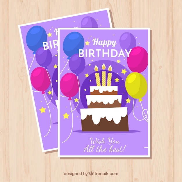 Birthday card with cake and balloons in flat\
style