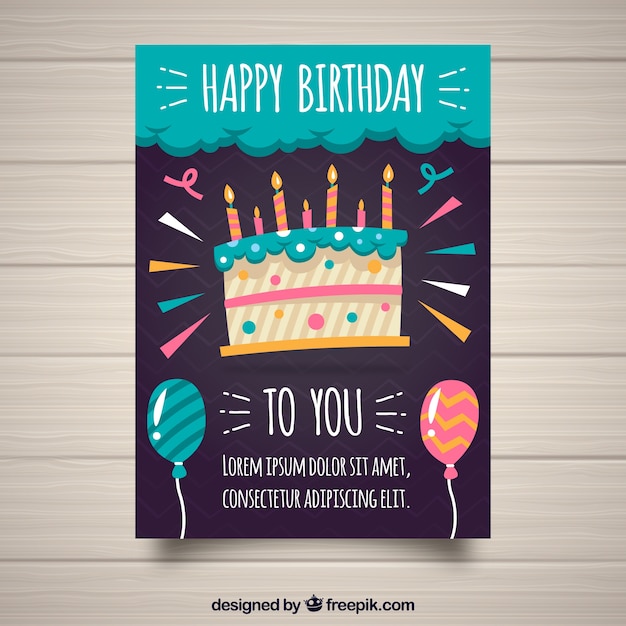 Birthday card with cake in flat style