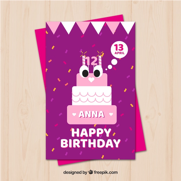 Birthday card with cake in flat style