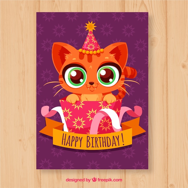 Download Birthday card with cute cat in hand drawn style Vector ...
