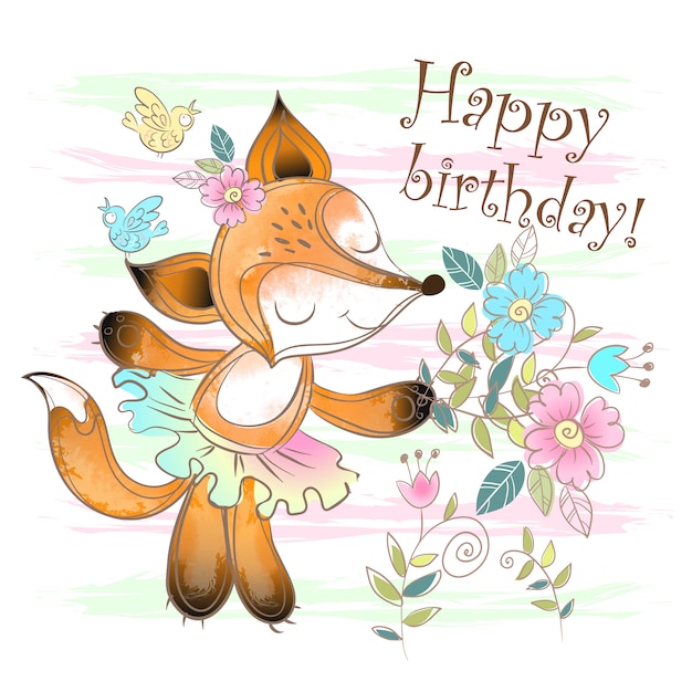 Premium Vector Birthday Card With A Cute Fox With Flowers