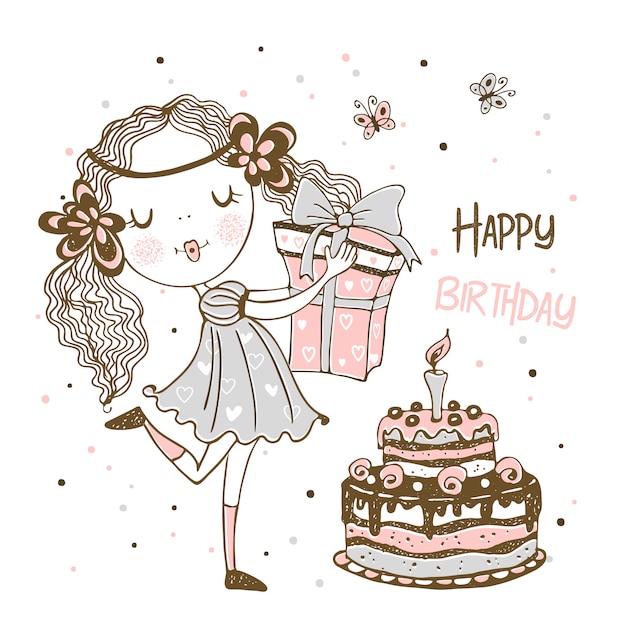贈り物や誕生日ケーキとかわいい女の子の誕生日カード プレミアムベクター