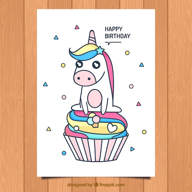 Download Free Vector | Birthday card with cute unicorn and cupacke