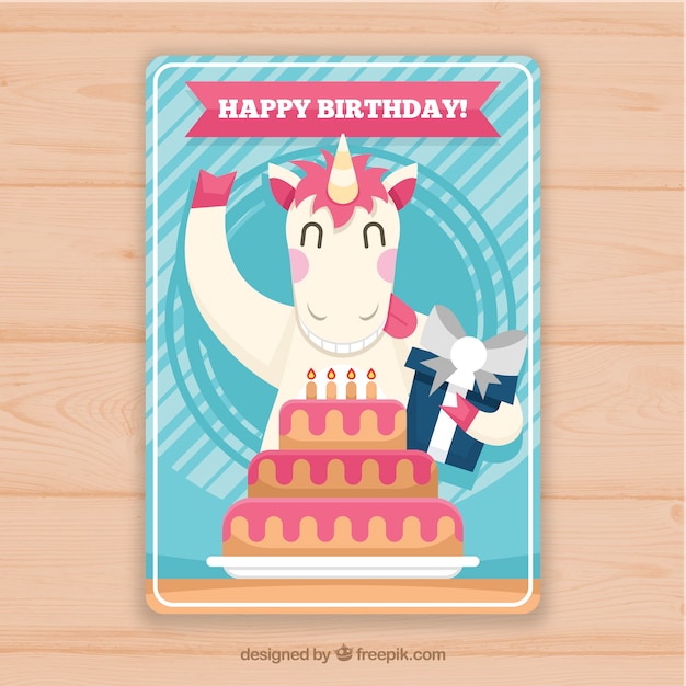 Download Birthday card with a flat unicorn | Free Vector