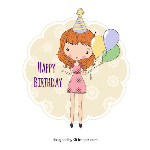 Free Vector | Birthday card with a hand drawn girl