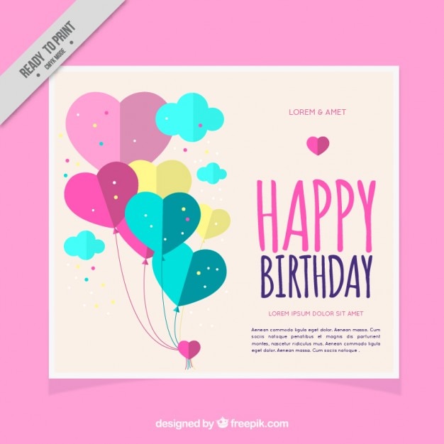Birthday card with hearts balloons