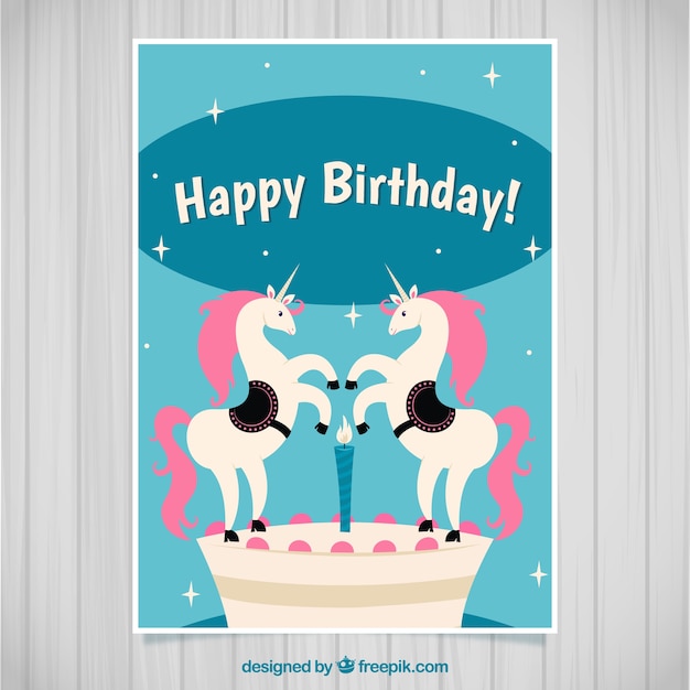 Download Birthday card with two unicorns | Free Vector