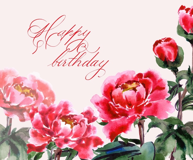 Premium Vector | Birthday card with watercolor blooming peonies vector ...