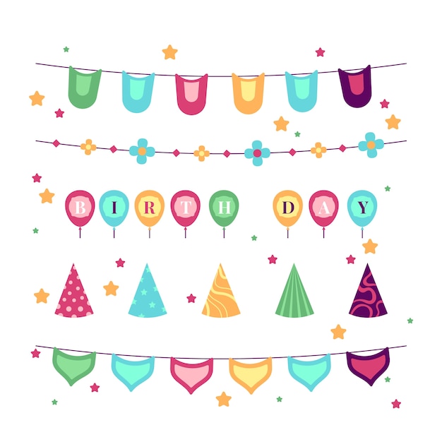 Birthday Decoration Of Garlands Isolated On White Background Free Vector