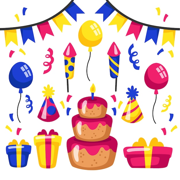 Birthday Decoration With Cake And Rockets Free Vector