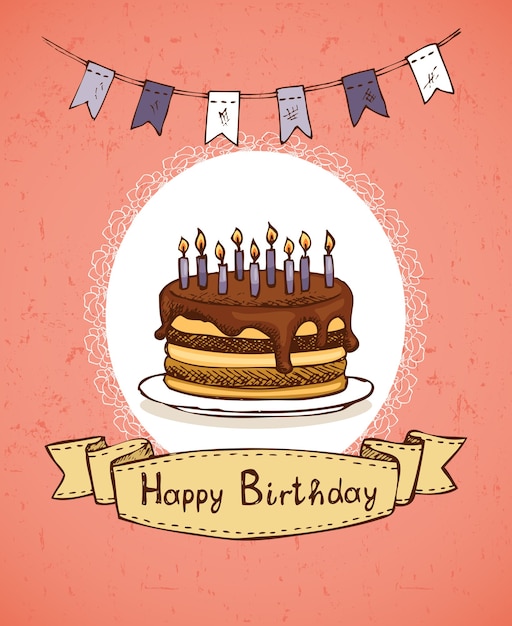 フラグとエンブレムベクトルイラストとチョコレートケーキの誕生日グリーティングカード 無料のベクター