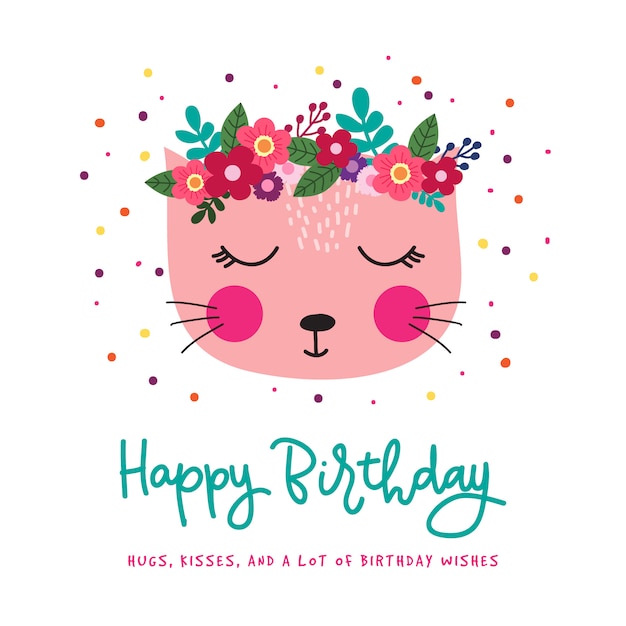Download Birthday greeting card with cute cat | Premium Vector
