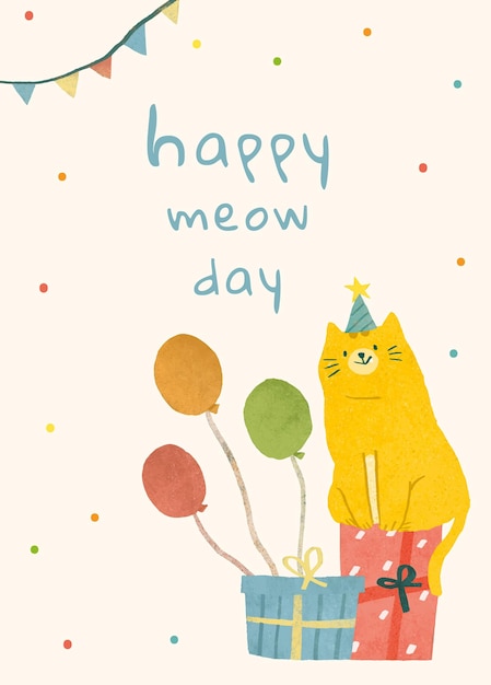 猫のイラストと誕生日の挨拶テンプレート 無料のベクター