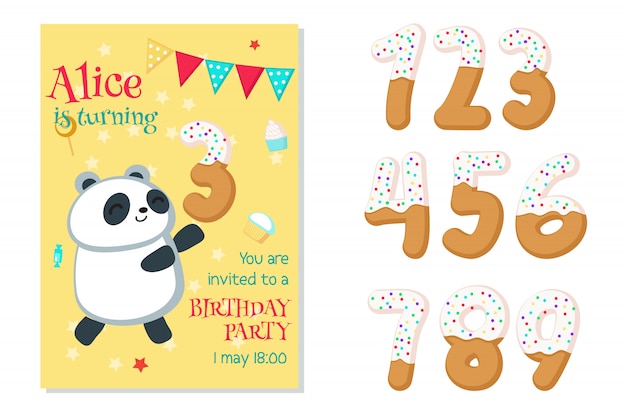 Download Birthday invitation with panda and numbers | Premium Vector